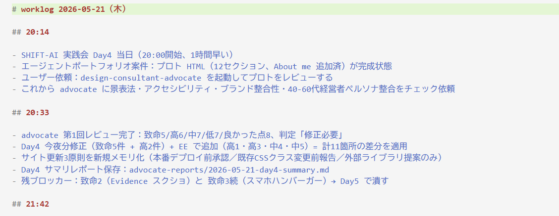 worklog 2026-05-21 の編集画面。複数の時刻見出し（20:14、20:33、21:42）に分かれて、その日の作業内容が3〜5行ずつ箇条書きで記録されている。